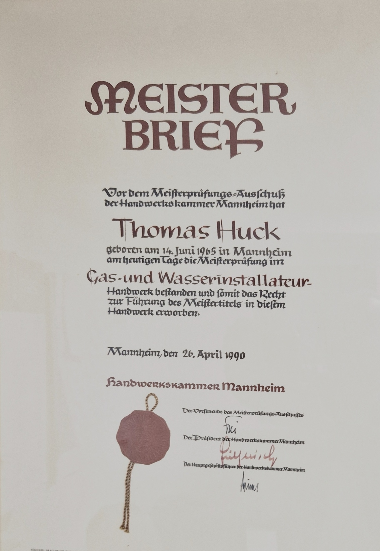 Meisterbrief von Thomas Huck